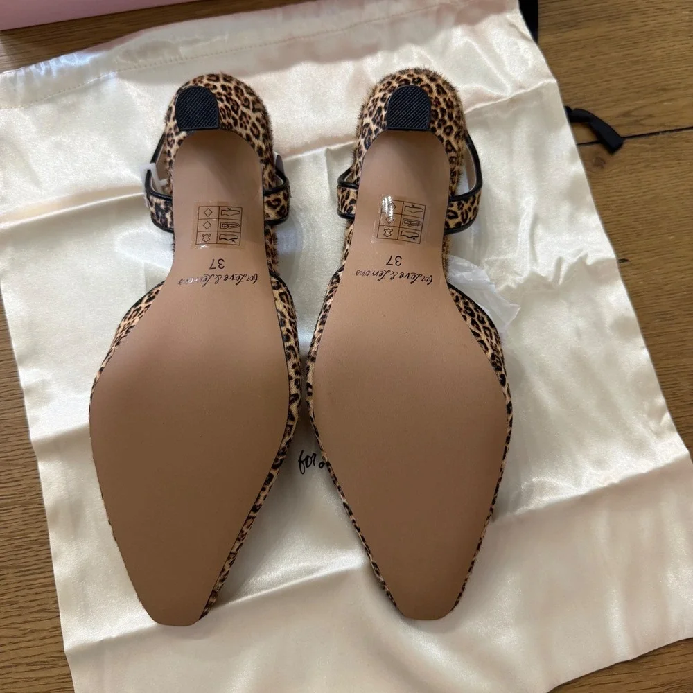 For Love & Lemons Lyana Leopard Print Slingback Kitten Heels Bow Pointed Toe 37